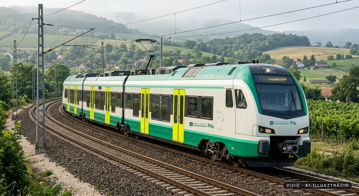 Chameleon Projekt train kanyarban, felsővezeték alatt, szőlőhegyek között